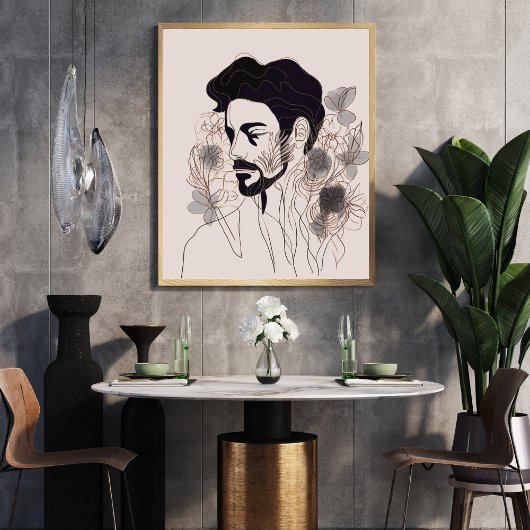 Man Black Line Art mit Blume Boho Stil Poster