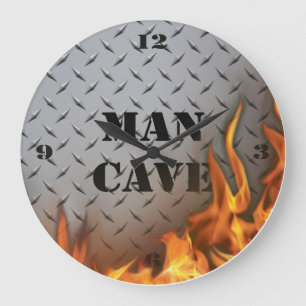 Man Cave Diamondplate Metal and Fire Wall Clock Große Wanduhr