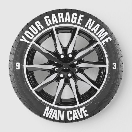 Man Cave Your Garage Reifenrad Individuelle Name Große Wanduhr (Vorderseite)