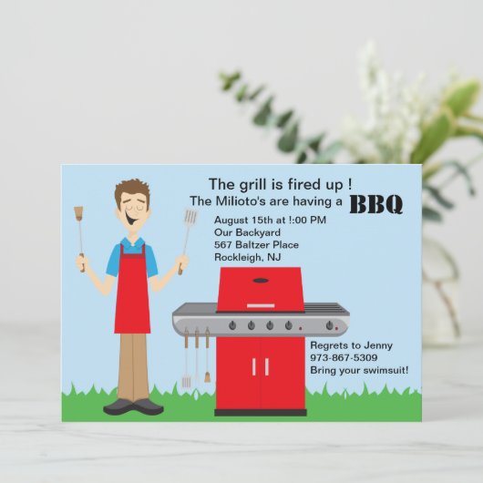 Man Cooking on Grill Barbecue Einladung (Stehend Vorderseite)
