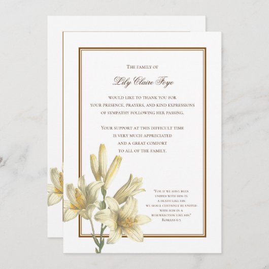 Man denke an den Lilies Bereavement Vielen Dank Hi Einladung (Vorne/Hinten)
