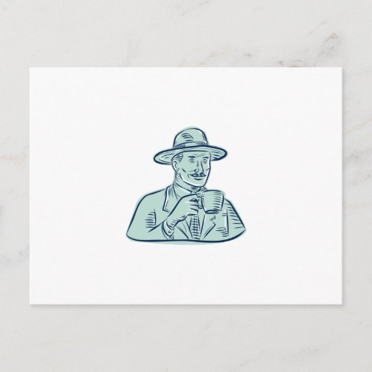 Man Fedora hat Kaffee trinken Etching Postkarte (Vorderseite)