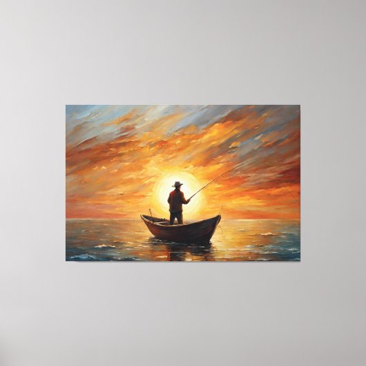 Man fishing inside the boat with a sunset leinwanddruck (Vorderseite)