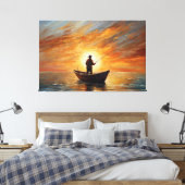 Man fishing inside the boat with a sunset leinwanddruck (Insitu (Schlafzimmer))