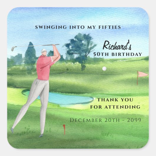 Man Golf Player Swinging Fifties 50th Birthday Quadratischer Aufkleber (Vorderseite)