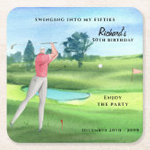 Man Golf Player Swinging Fifties 50th Birthday Rechteckiger Pappuntersetzer (Vorderseite)