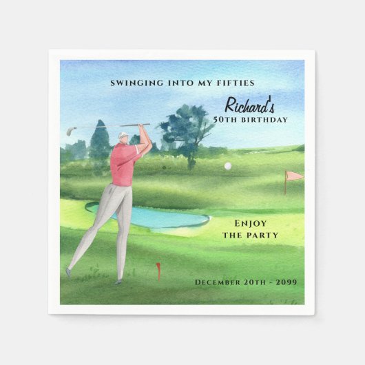 Man Golf Player Swinging Fifties 50th Birthday Serviette (Vorderseite)