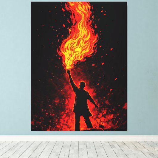 Man Holding Massive Fire Torch Dramatic Silhouette Leinwanddruck (Insitu (Holzboden))