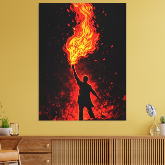 Man Holding Massive Fire Torch Dramatic Silhouette Leinwanddruck (Insitu (Wohnzimmer))
