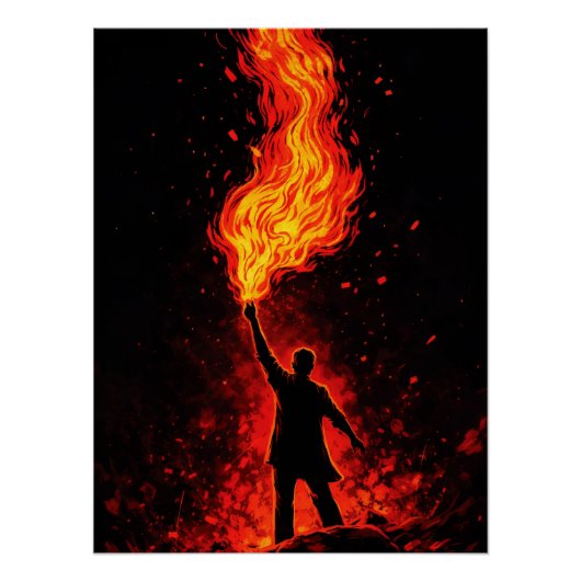 Man Holding Massive Fire Torch Dramatic Silhouette Poster (Vorderseite)