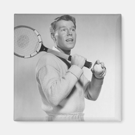 Man Holding Tennis Racket Magnet (Vorne)