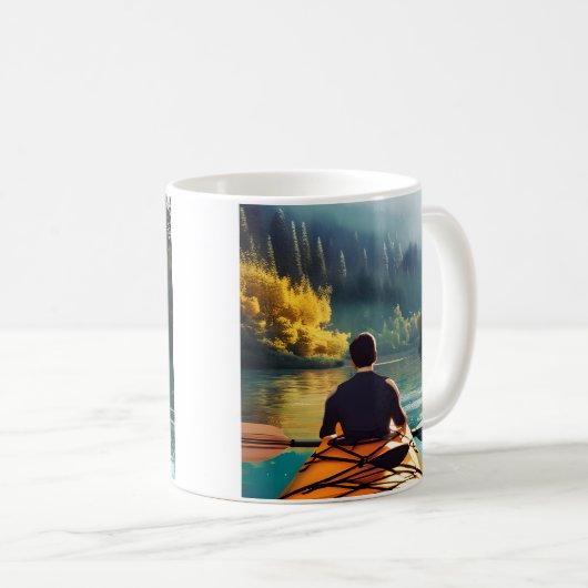 Man Kayaking auf einem See umgeben von Bäumen Kaffeetasse (VorderseiteRechts)