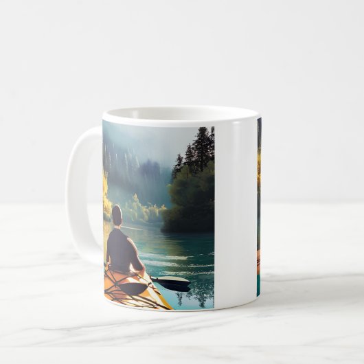 Man Kayaking auf einem See umgeben von Bäumen Kaffeetasse (Vorderseite Links)