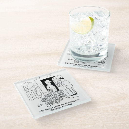 Man macht Online-Shopping - Zuhause-Lieferung von Glasuntersetzer (Schrägansicht)