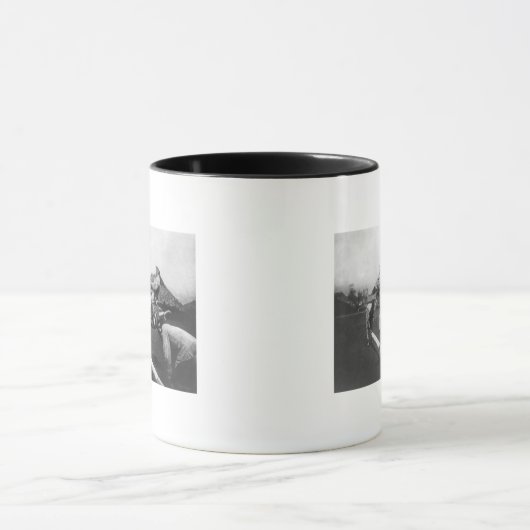 Man Riding Zebra Jumping Fence Fotograf Tasse (Zentrum)