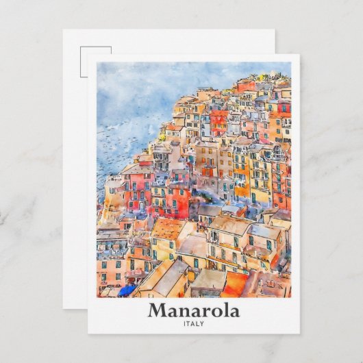 Manarola Italien Reisen Wasserfarbenhandzeichnung Postkarte (Vorne/Hinten)