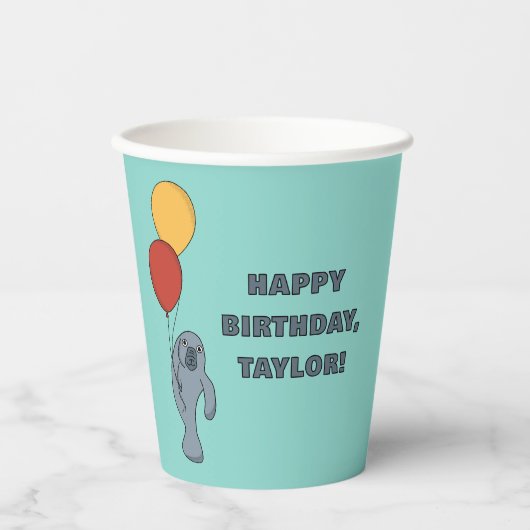Manatee and Balloons Custom Birthday Party Pappbecher (Vorderseite)