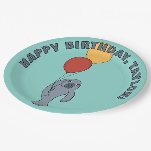 Manatee and Balloons Custom Birthday Party Pappteller (Schrägansicht)