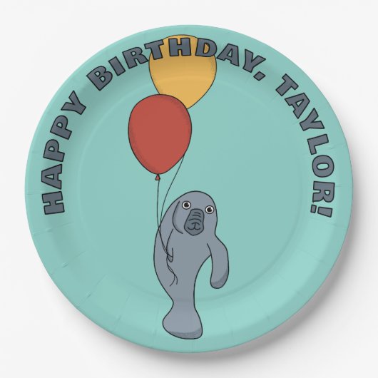 Manatee and Balloons Custom Birthday Party Pappteller (Vorderseite)