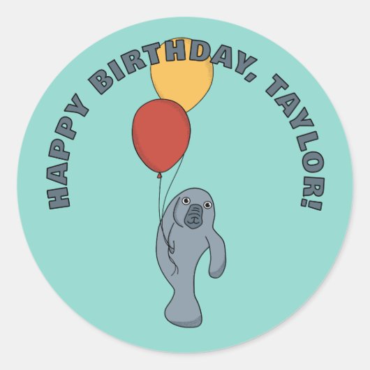 Manatee and Balloons Custom Birthday Party Runder Aufkleber (Vorderseite)