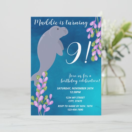 Manatee Birthday Einladung (Stehend Vorderseite)