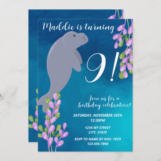 Manatee Birthday Einladung (Vorne/Hinten)