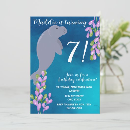 Manatee Birthday Einladung (Stehend Vorderseite)