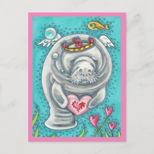 MANATEE CUPID, BUBBLES & HEARS FARBENFARBIGE VALEN FEIERTAGSPOSTKARTE