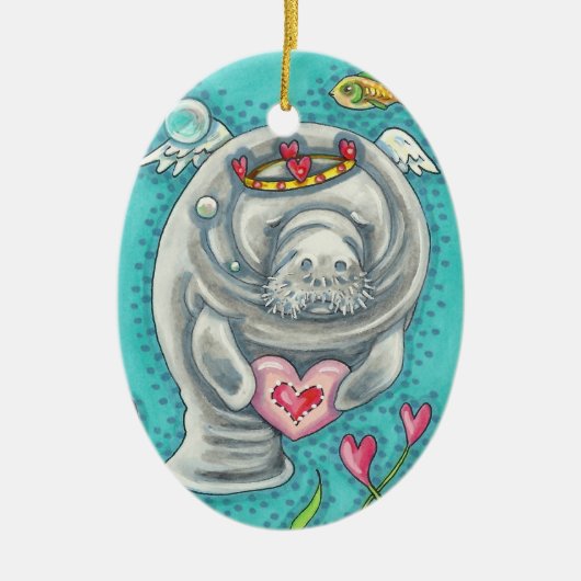 MANATEE CUPID, BUBBLES & HEARS FARBENFARBIGE VALEN KERAMIK ORNAMENT (Vorne)