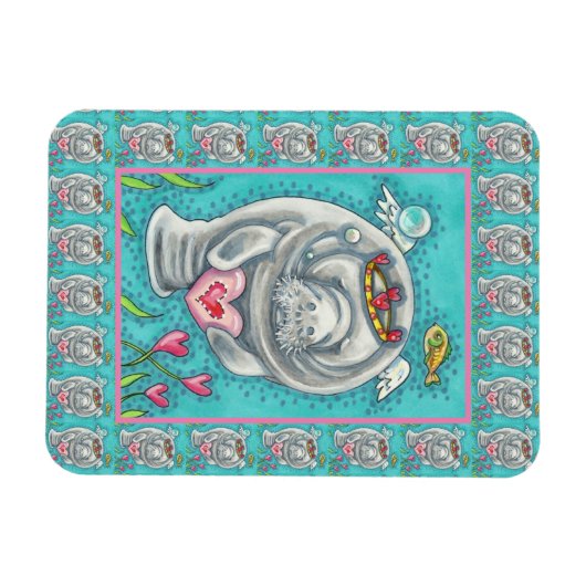 MANATEE CUPID, BUBBLES & HEARS FARBENFARBIGE VALEN MAGNET (Horizontal)