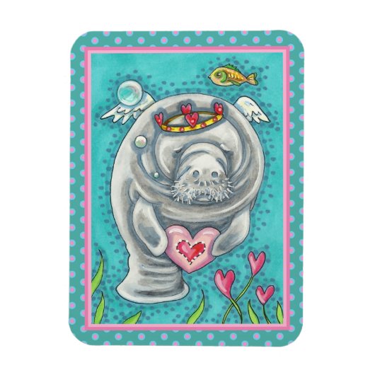 MANATEE CUPID, BUBBLES & HEARS FARBENFARBIGE VALEN MAGNET (Vertikal)