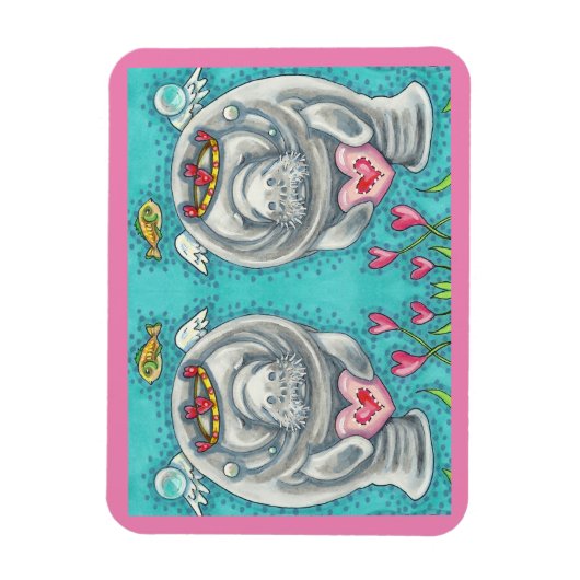 MANATEE CUPID, BUBBLES & HEARS FARBENFARBIGE VALEN MAGNET (Vertikal)