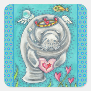MANATEE CUPID, BUBBLES & HEARS FARBENFARBIGE VALEN QUADRATISCHER AUFKLEBER