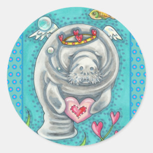 MANATEE CUPID, BUBBLES & HEARTS FARBIGES VALENTINS RUNDER AUFKLEBER