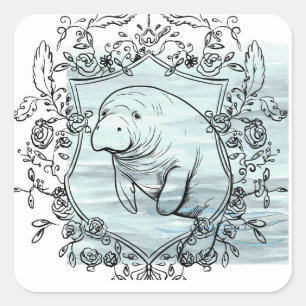 Manatee im fantasievollen Rahmen Quadratischer Aufkleber