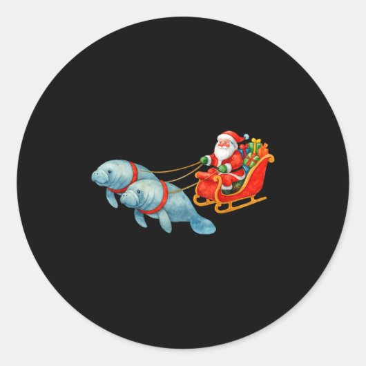 Manatee Santa Christmas Sleigh - Funny Manatee Xma Runder Aufkleber (Vorderseite)