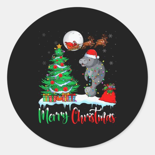 Manatee Santa Hat Xmas Tree Merry Christmas Manate Runder Aufkleber (Vorderseite)