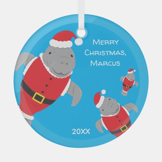 Manatee Santa Outfits Name Christmas Ornament Aus Glas (Vorderseite)