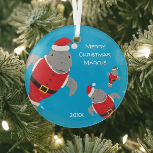 Manatee Santa Outfits Name Christmas Ornament Aus Glas (InSitu)