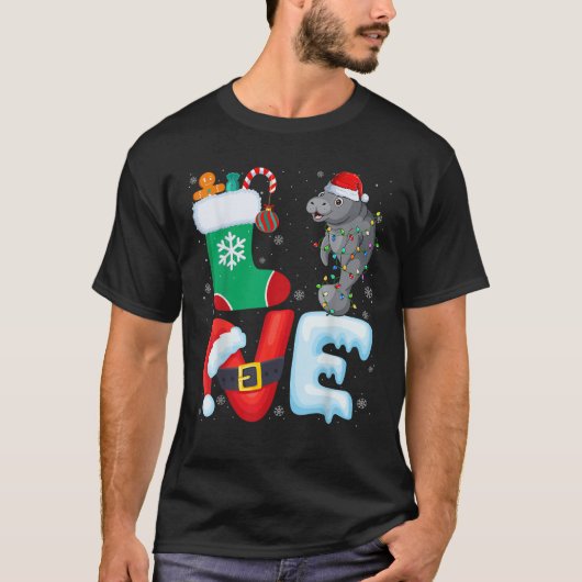 Manatee Weihnachtsmannmütze Xmas Lights Tree Manat T-Shirt (Vorderseite)