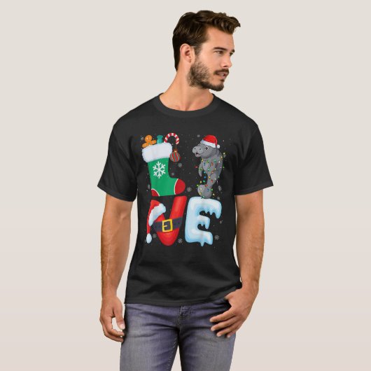 Manatee Weihnachtsmannmütze Xmas Lights Tree Manat T-Shirt (Vorne ganz)