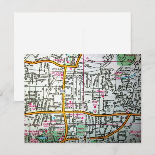 MANCHESTER, CT Vintag Map Postcard Postkarte (Vorne/Hinten)