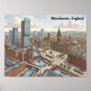 Manchester England Aquarell-Illustration Poster