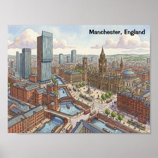 Manchester England Aquarell-Illustration Poster (Vorne)