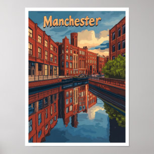 Manchester England Art Vintage Travel Illustration Poster