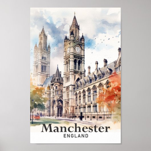 Manchester England Watercolor Painting Travel Poster (Vorne)