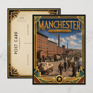 Manchester New Hampshire Vintage Art Deco Golden Postkarte