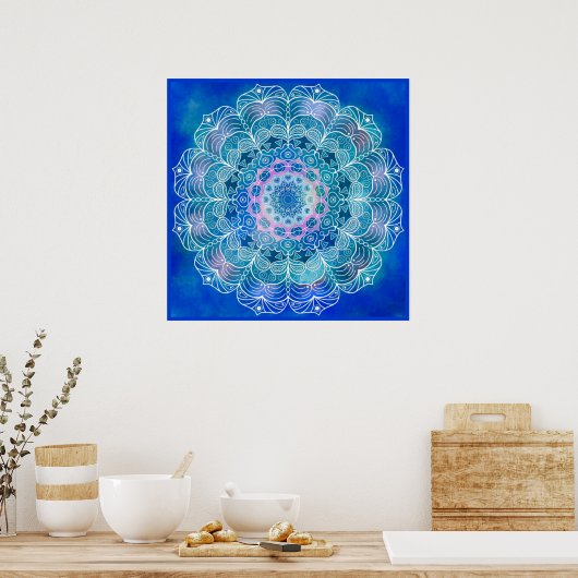 Mandala 12 Blue Aquamarin auf blauem Hintergrund - Poster (Küche)
