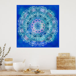 Mandala 12 Blue Aquamarin auf blauem Hintergrund - Poster