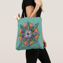 Mandala 8 grüne Blätter Blume auf Aquamarin - Tasche